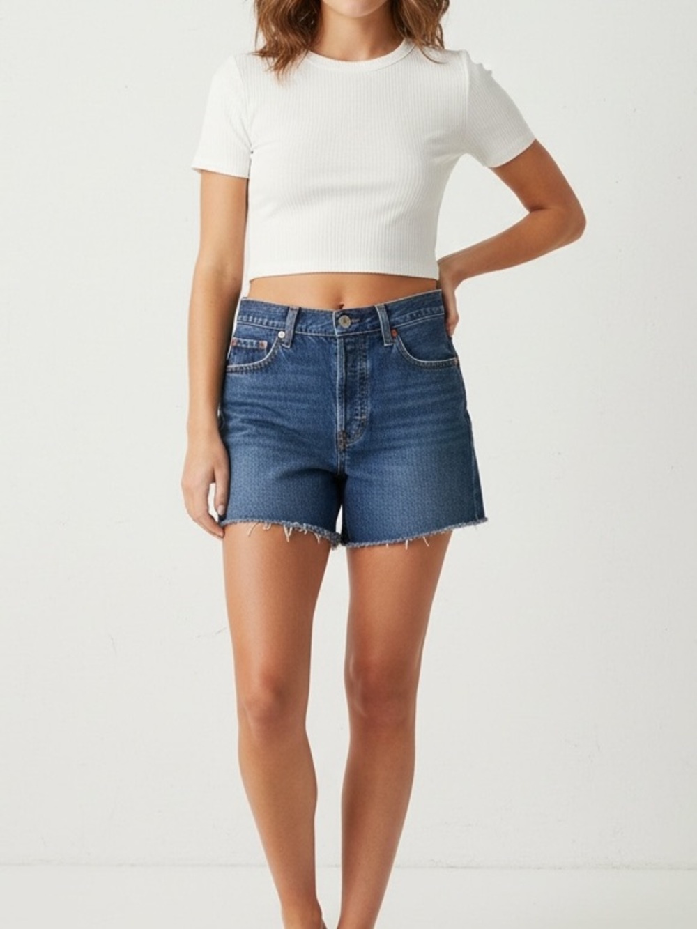 Levi’s | Button fly high rise frayed long shorts cut off jean shorts size 27